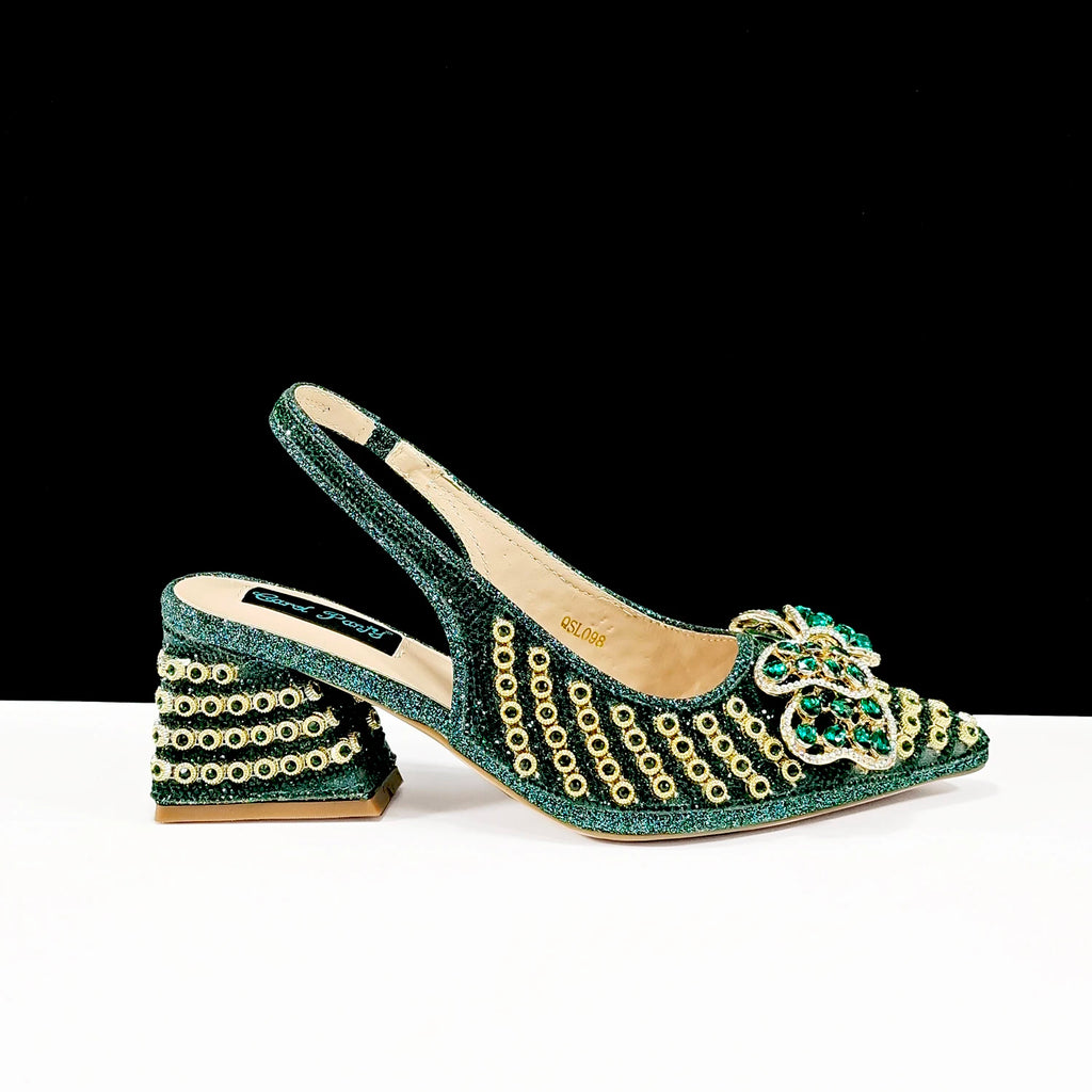 2026 New Arrival Italian-Inspired Champange Rhinestone Pointed Toe Women’s High Heels with Matching Handbag Set Elegant Wedding
