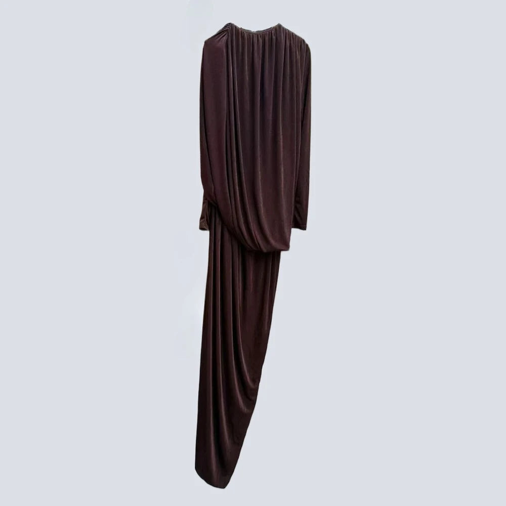 Spliced Folds Irregular Tunic Dress | Long Sleeve A-Line Ankle-Length Dress