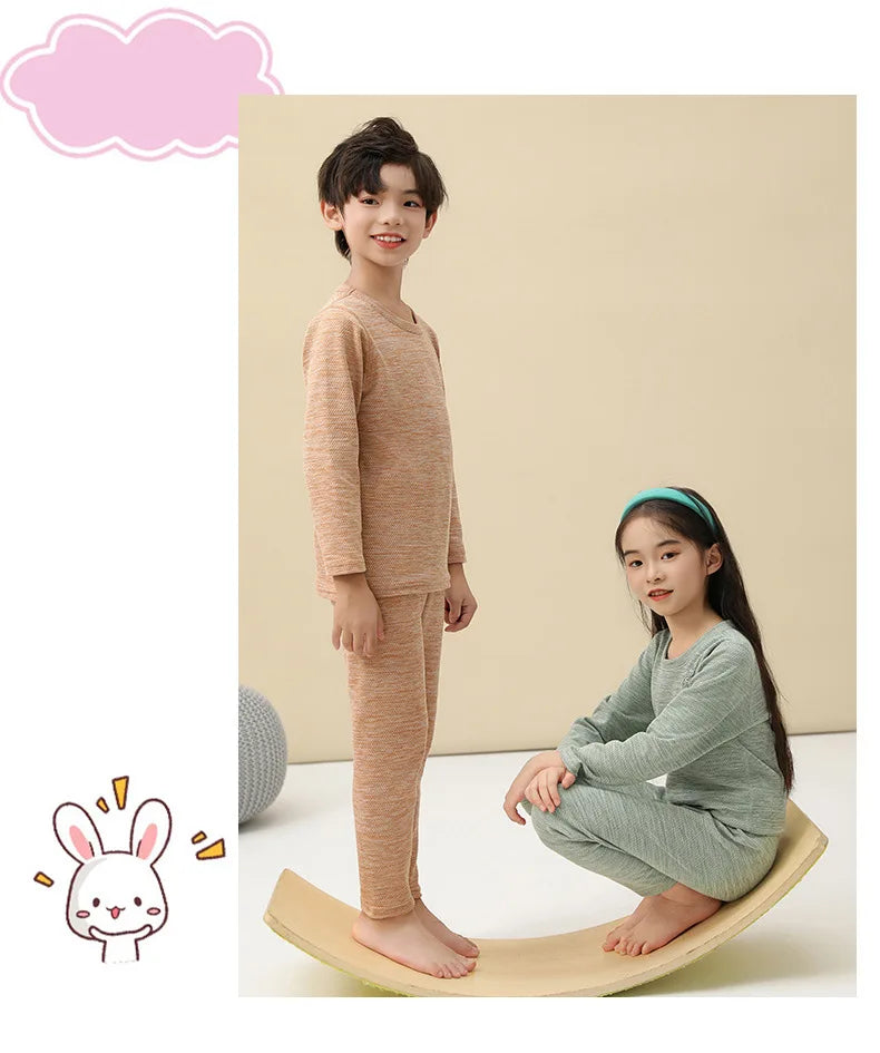 Boys Thermal Fleece Thermal Underwear 37°C Constant Temperature Warm Two-Piece Winter Pajamas Set Unisex Kids Long Johns for Ages 7-13