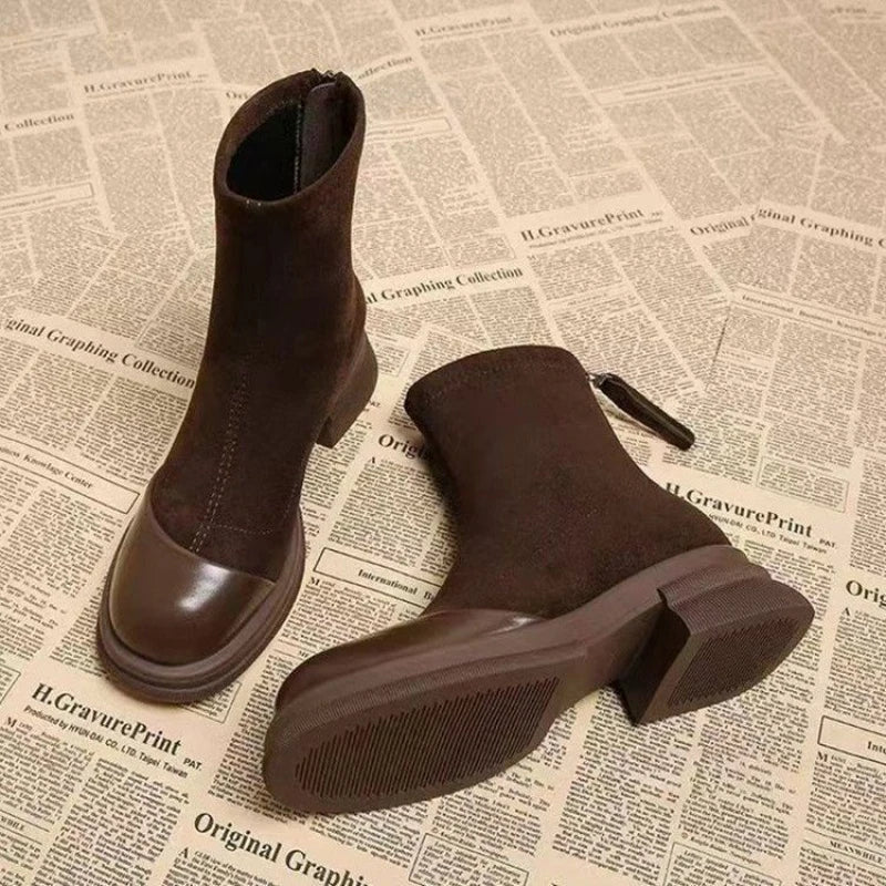 Women Patchwork Suede Ankle Boots Back Zipper Chunky Platform Heel Short Boots Fashion Autumn Winter Botas Mujer