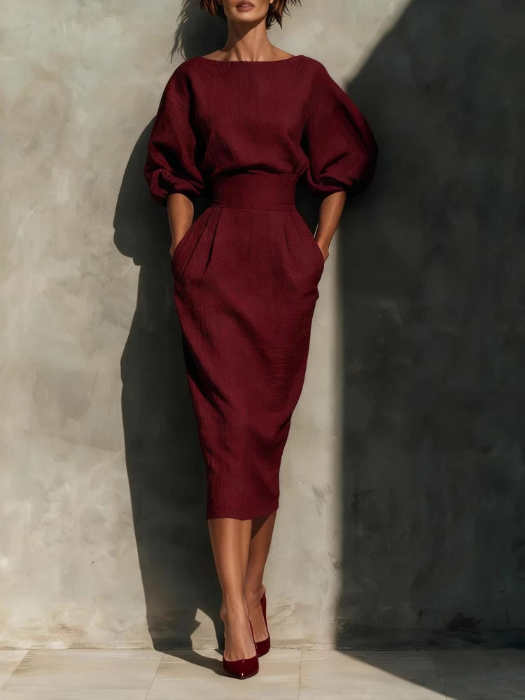 Elegant Fashion Solid Party A-lien Dress Casual O-neck Lantern Sleeve Pocket Dress Temperament High Waist Pleated Wrap Hip Dress