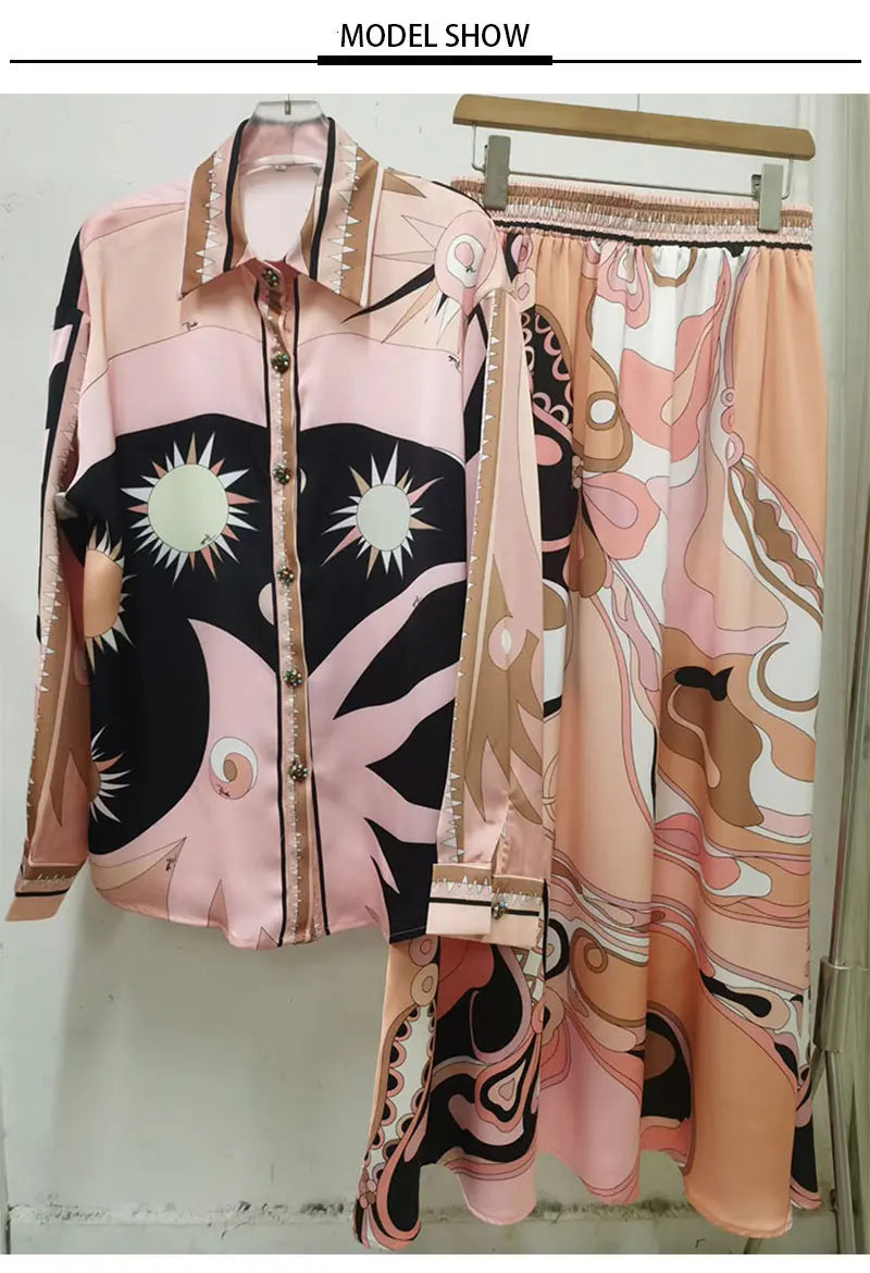 Retro Spring Fashion Two-Piece Set Geometric Print Long Sleeve Shirt Elastic Waist Fluffy Skirt Women's Holiday Outfit