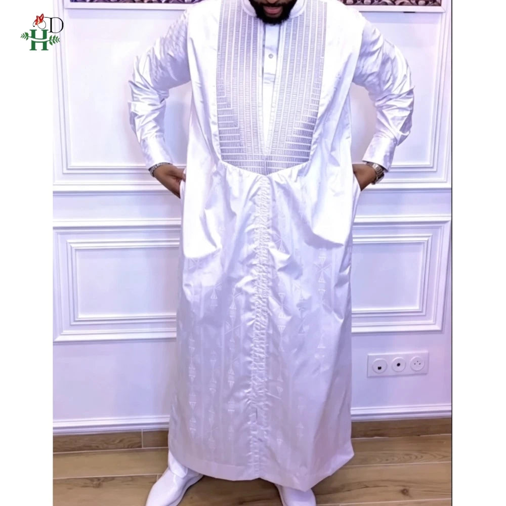 H&D African Clothing For Man Traditional Agbada Sets 3PCS Thobe Pant White Bazin Riche Embroidery Suits Wedding Party Plus Size