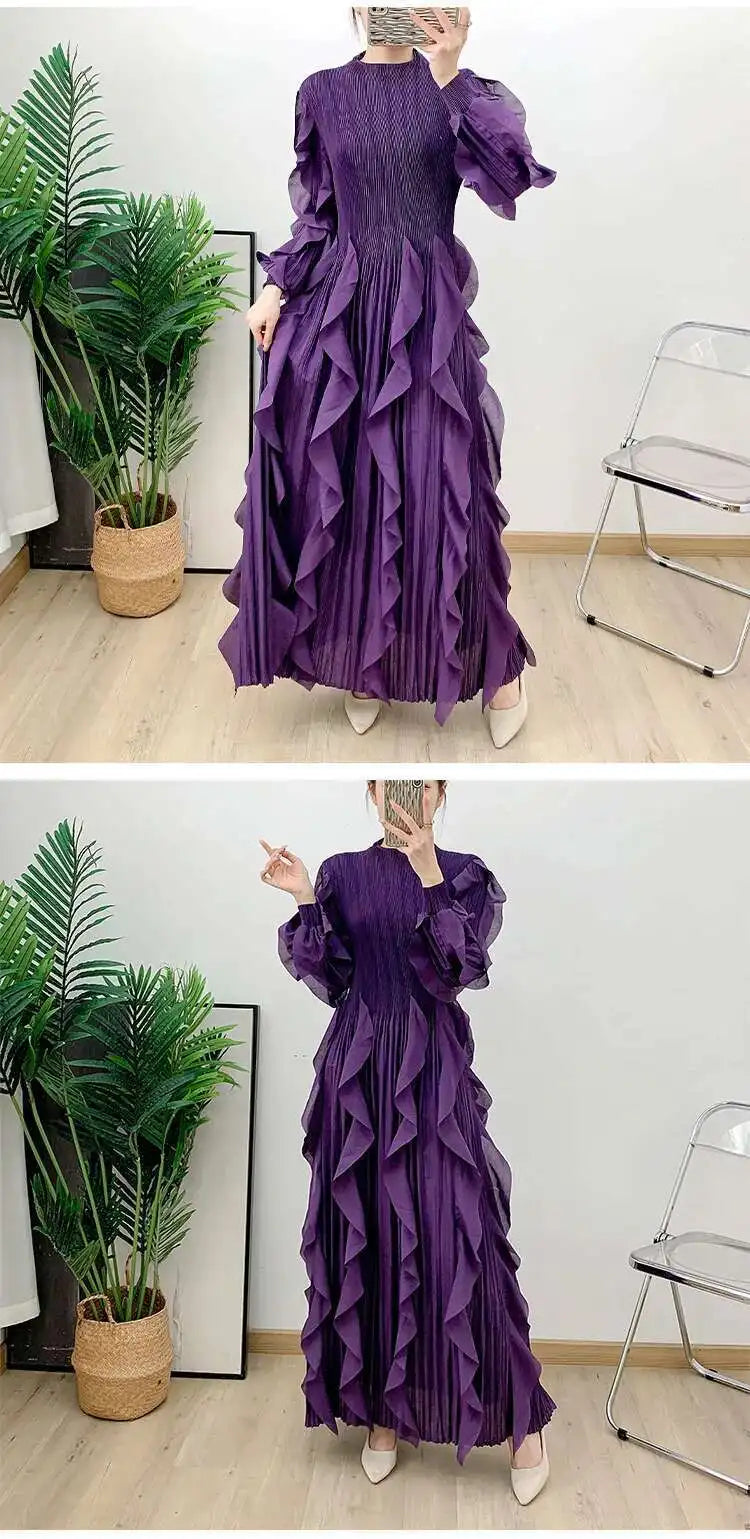 LANMREM Elegant Pleated Dress For Women Stand Collar Puff Sleeves High Stretch Personalized Dresses 2025 Spring New 2Z2817