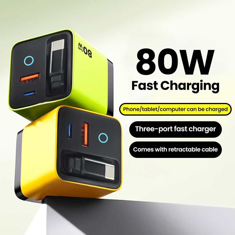 80W Super Fast Charge Type C USB Phone Charger With Telescopic USB C Cable For Iphone 16 15 Samsung Laptop With Light