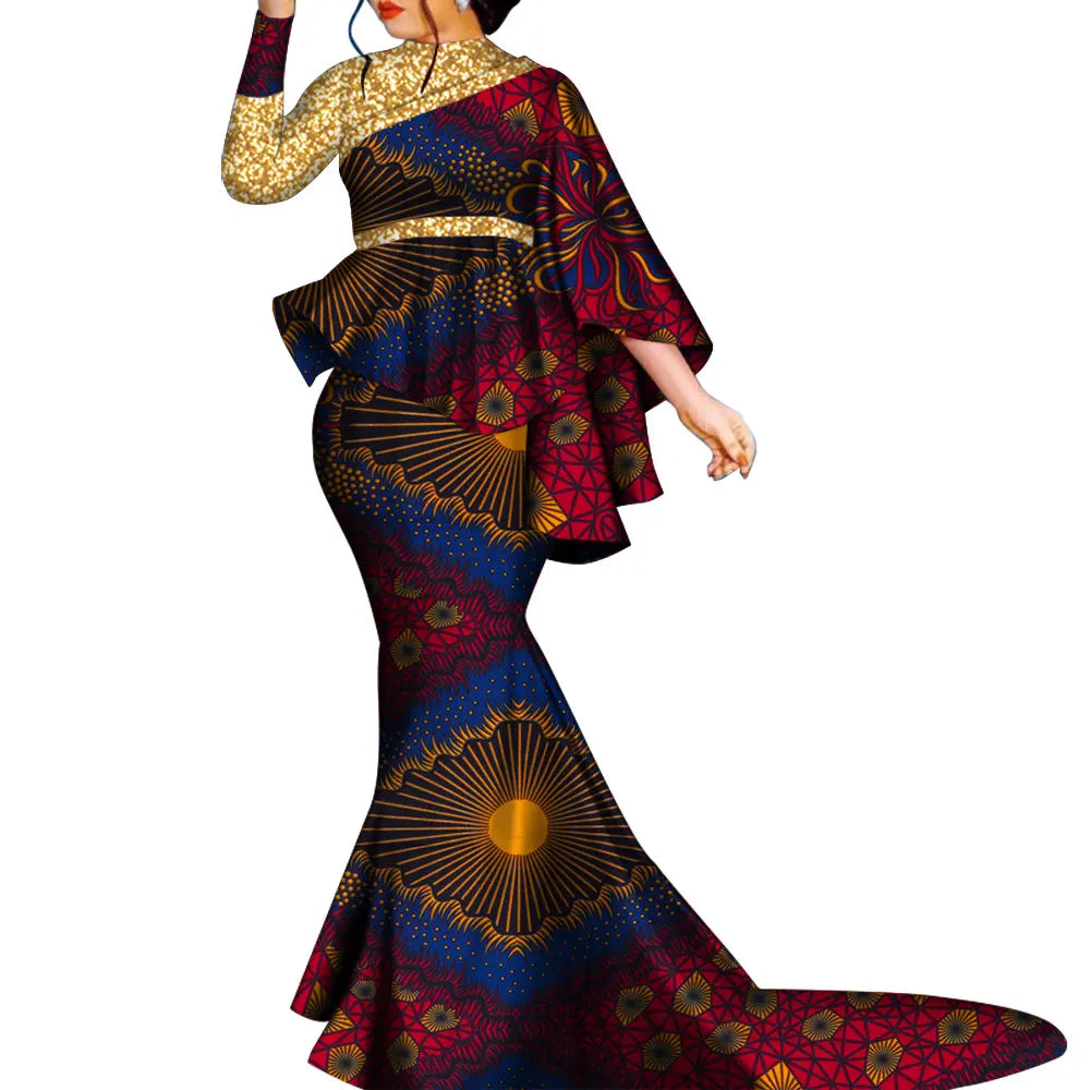African Clothes for Women Bazin Riche Floral Printed 2 Piece Sets Irregular Bat Sleeve Top and Long Skirts Lady's Party Outfits
