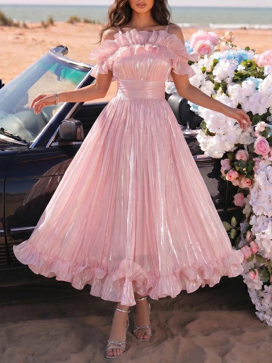 VGH Elegant Off Shoulder Ruffle Midi Maxi Dress for Women Shiny Pleated Waistband Back Zipper for Formal Prom Evening Party Gown