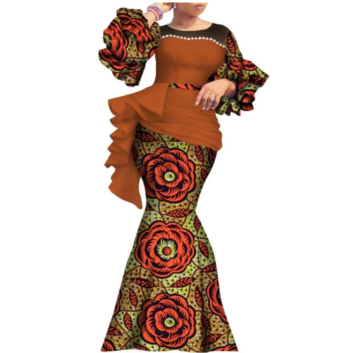 Women’s Ankara Print Lantern Sleeve Maxi Dress – Dashiki | Pearl Detail | Cotton Wax | Wedding & Party | XS–6XL + Custom | 14 Prints