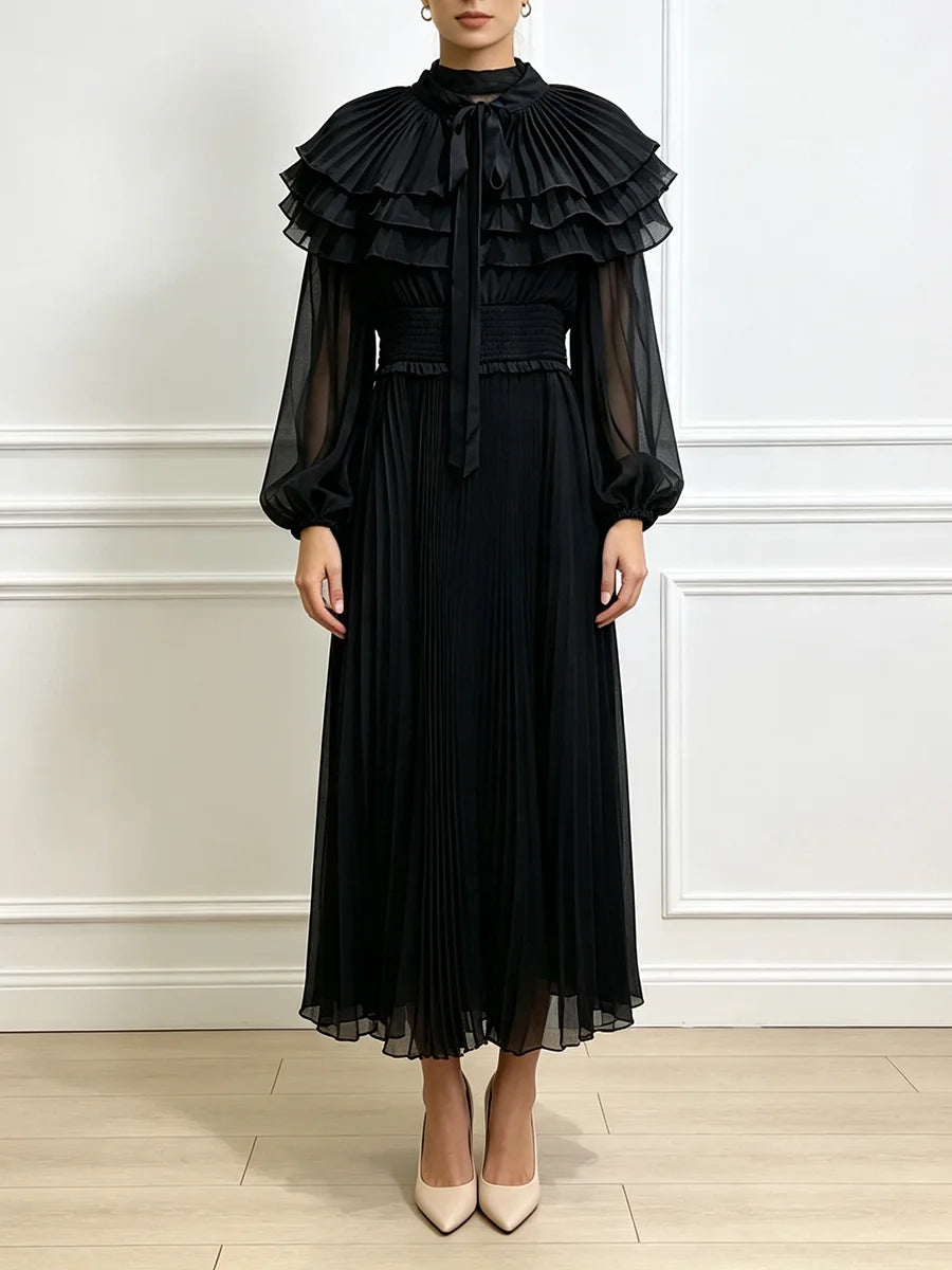 VGH Classy Layer Ruffled Stand Collar Chiffon Maxi Dress for Women Tie Neck Balloon Long Sleeve Smocked Waist Pleated for Party