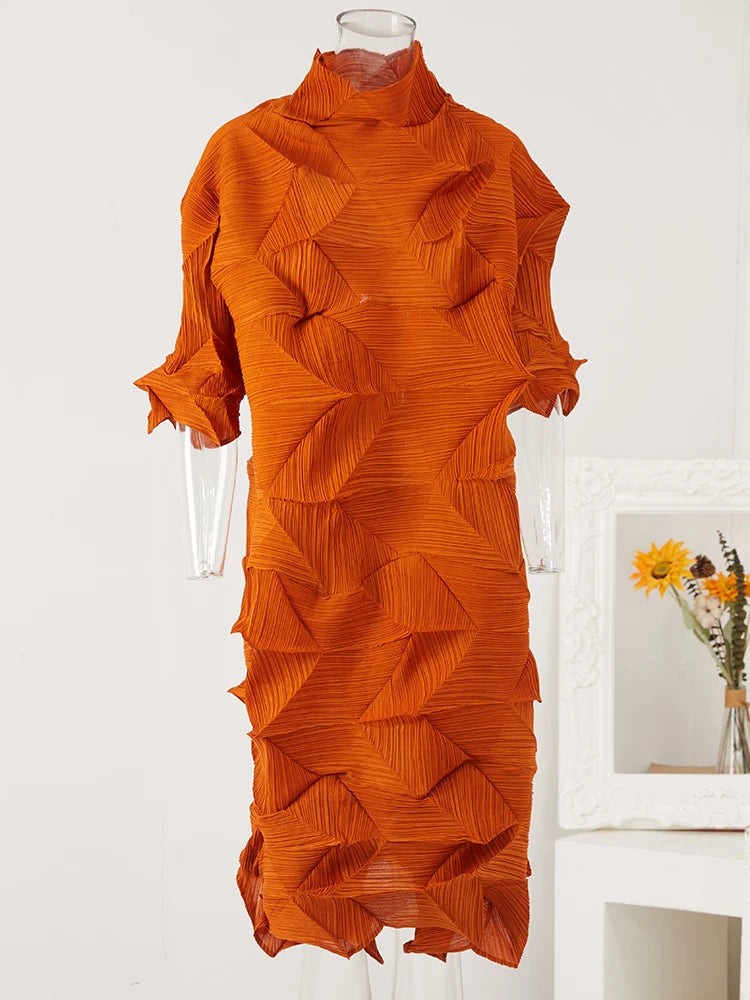 Women's Pleated Turtleneck A-Line Maxi Dress | Vintage Loose Fold Petal Sleeve | Spring 2025 | AvantBah