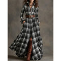 French Retro Plaid Print Slit Long Dresses Woman Elegant Turn-down Collar Button Maxi Dress Autumn Long Sleeve Pocket Boho Dress