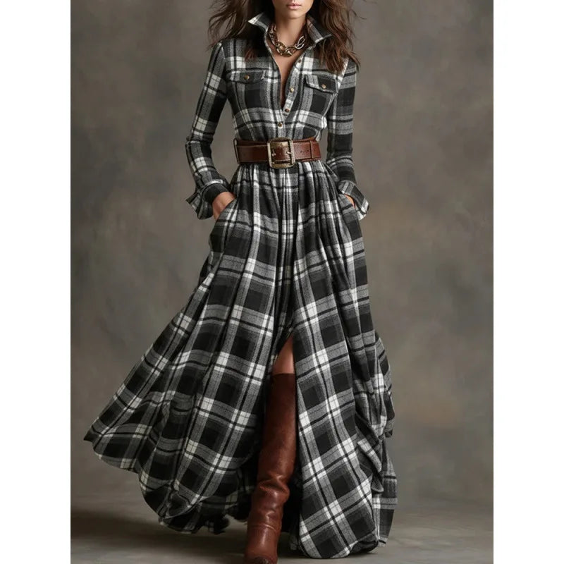 French Retro Plaid Print Slit Long Dresses Woman Elegant Turn-down Collar Button Maxi Dress Autumn Long Sleeve Pocket Boho Dress