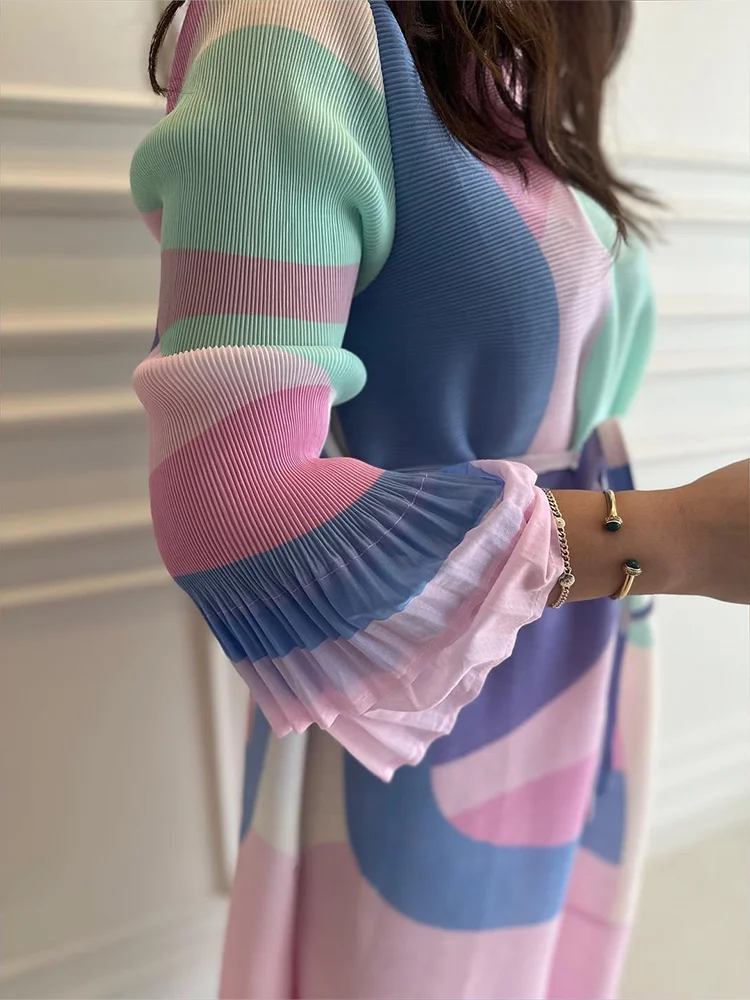 EGRM Pleated Dress Lapel Single Breasted Long Sleeves Color Block Tassel Hem Loose Designer Dresses for Women 2024 New 2Ra5928