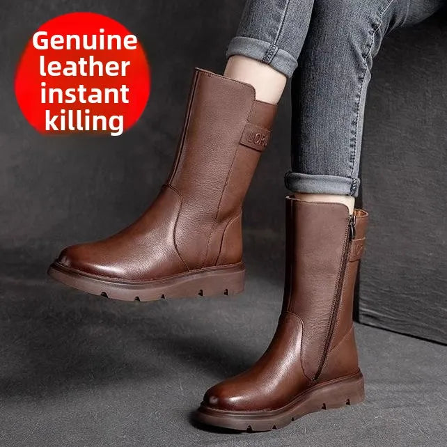 Genuine Leather Mid-Calf Motorcycle Boots Women's Autumn Winter New Style Retro Soft Bottom  Boots Trendy Short Boots