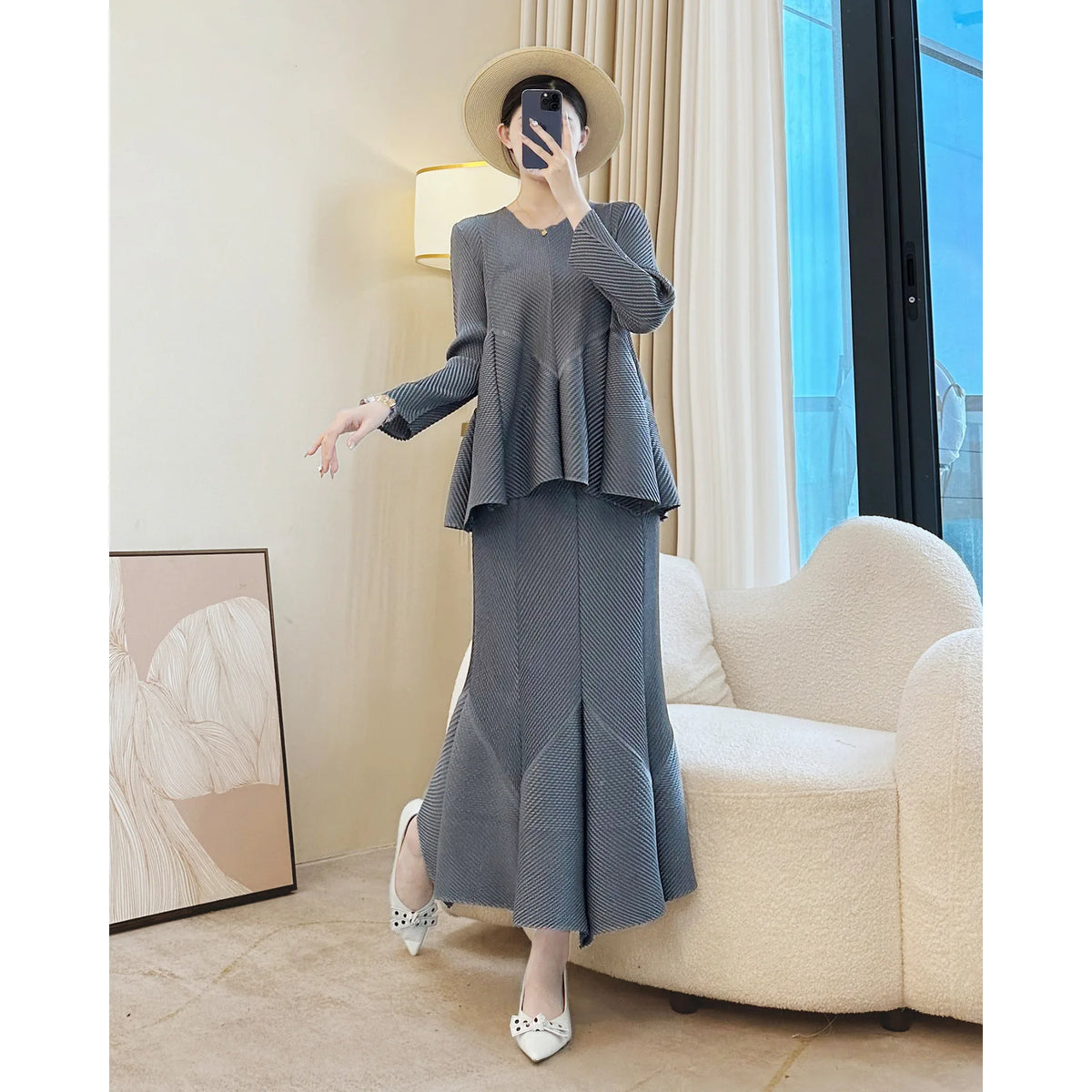 Women's Pleated Two-Piece Top and Skirt Set