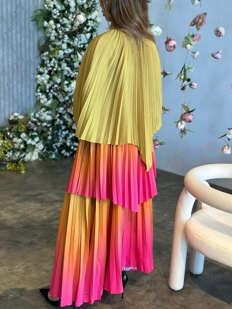 Women's Gradient Pleated Two-Piece Set | Irregular Top & High-Waist A-Line Skirt | Plus Size | AvantBah