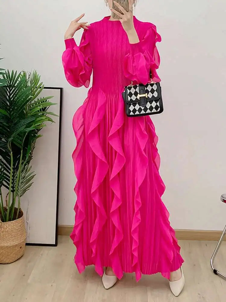 Women's Pleated Stand-Collar A-Line Dress