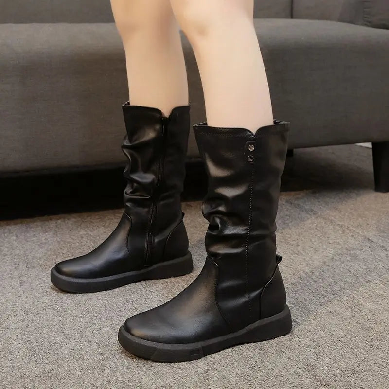 Footwear Half High Mid Calf Ladies Boots Flat Black Shoes For Women Round Toe Chic Point Hot Promotion Fashion 2025 Demi-season