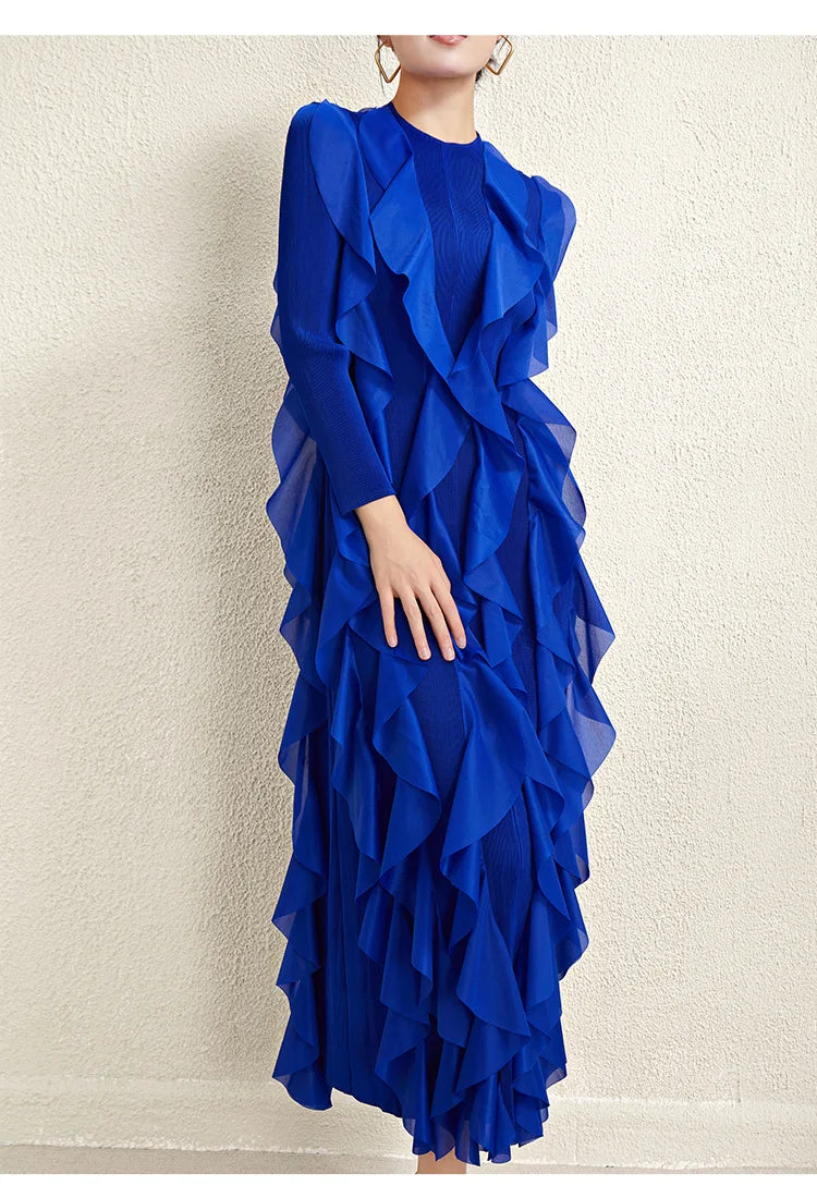 Miyake Style Pleated Dress for Women 2025 Solid Color Round Neck Long Sleeve Loose Large Size Ruffled Irregular Long Skirt