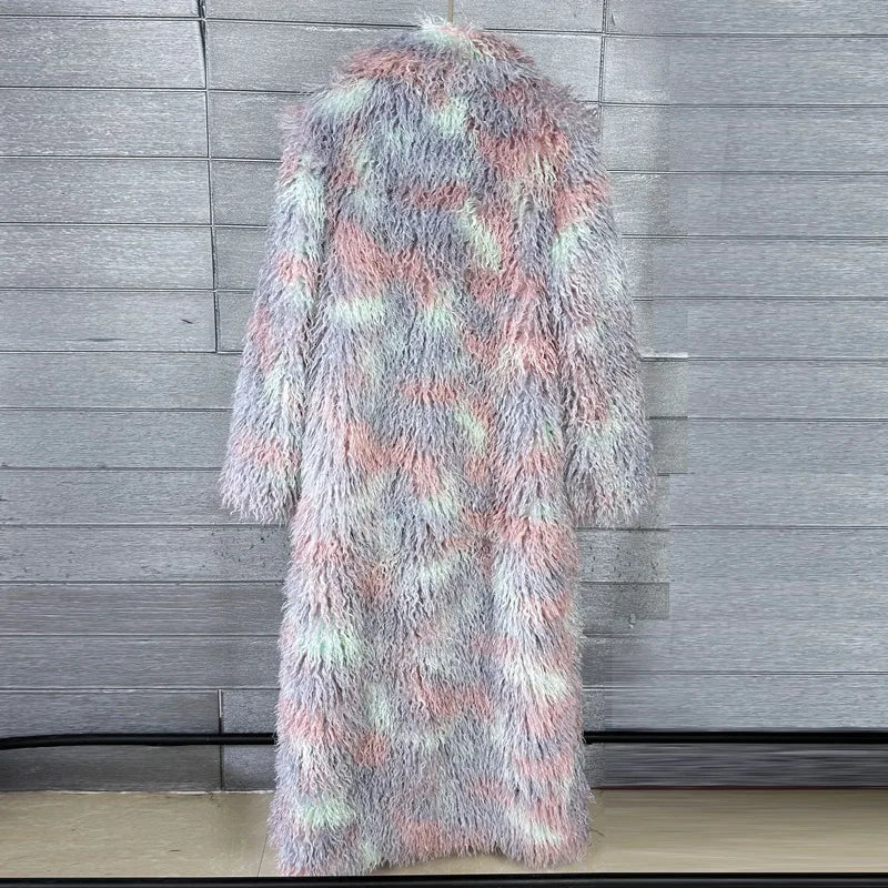 LANMREM Trendy Women's Faux Fur Coat Printed Colorful Furry Coats Autumn Winter Chic Suit Collar Thick Long Overcoat 2DB5840