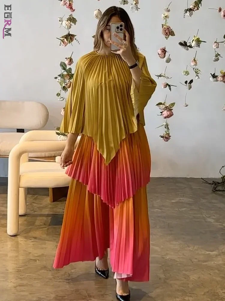 Women's Gradient Pleated Two-Piece Set | Irregular Top & High-Waist A-Line Skirt | Plus Size | AvantBah