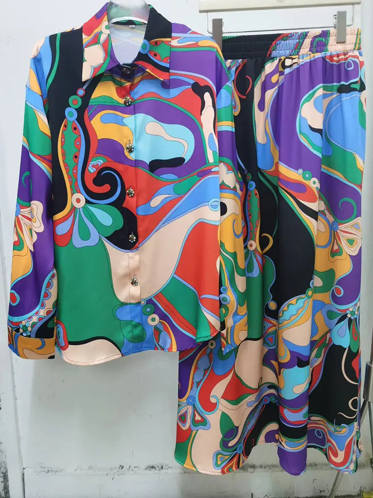 Women’s Retro 2-Piece Set – Geometric Print Long Sleeve Shirt & Elastic Waist Midi Skirt | Cotton Blend | S–XXL | 8 Colours