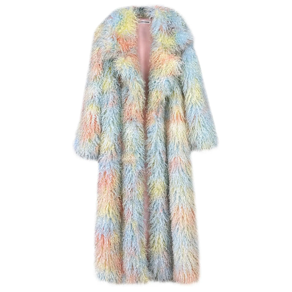 LANMREM Trendy Women's Faux Fur Coat Printed Colorful Furry Coats Autumn Winter Chic Suit Collar Thick Long Overcoat 2DB5840