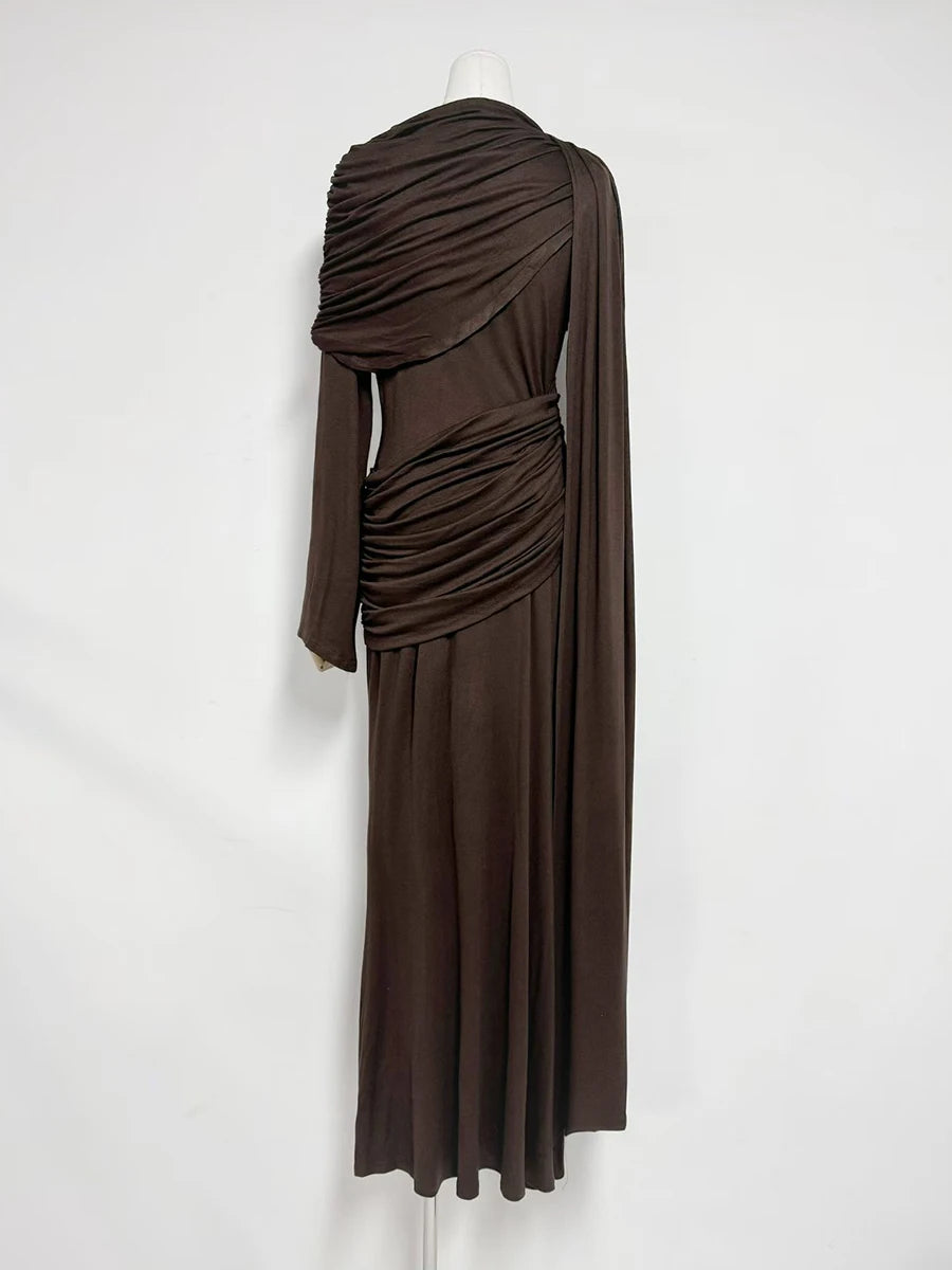 VGH Wedding Guests Green Shawl Mermaid Maxi Dress for Round Neck Flared Long Sleeve Draped Bodycon Skirt for Galas Red Carpet