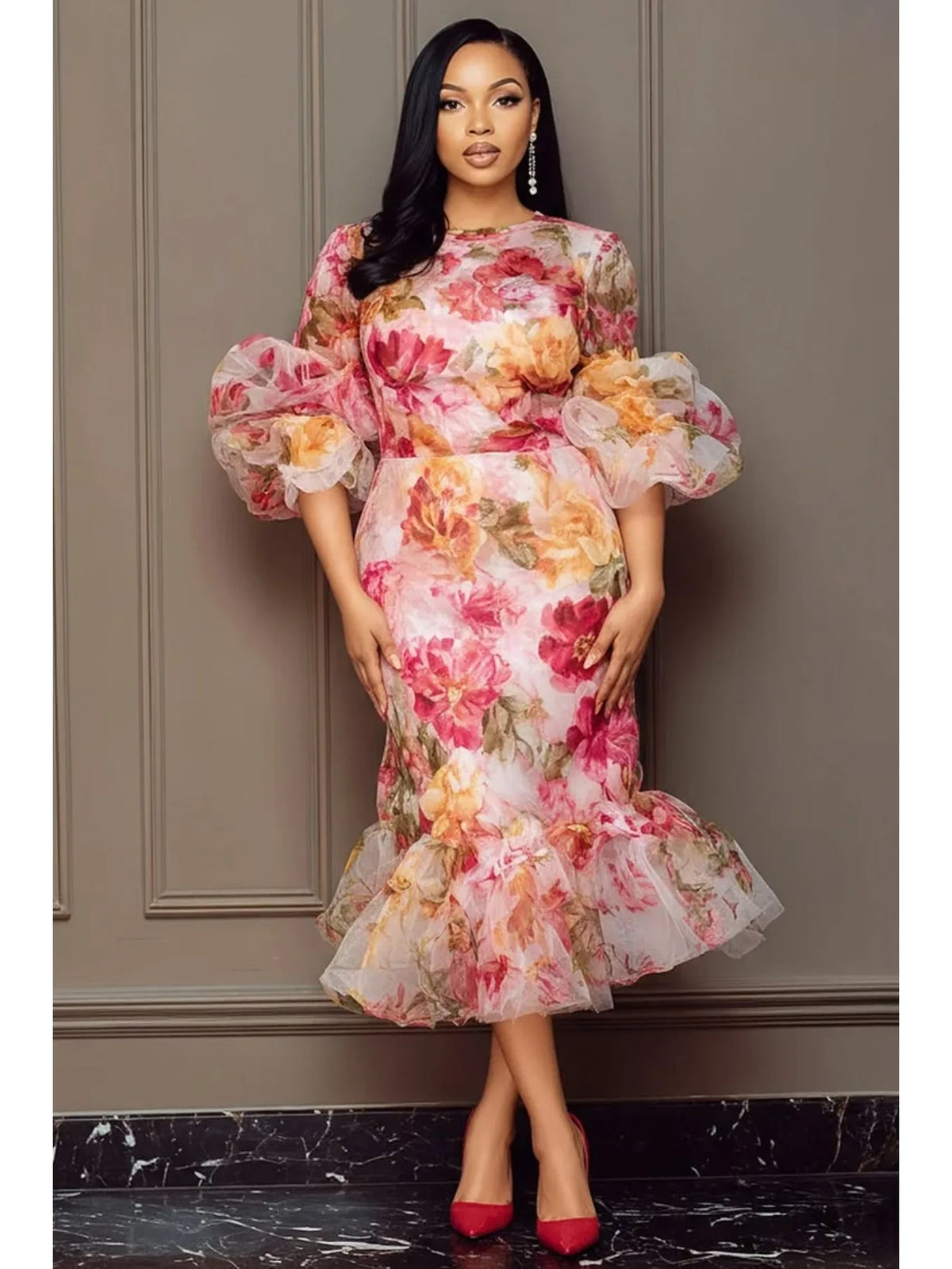 Women Floral Mermaid Midi Dress Round Neck Puff Bubble Sleeve Ruffle Hem Elegant Wedding Guest Cocktail Evening Formal Dress