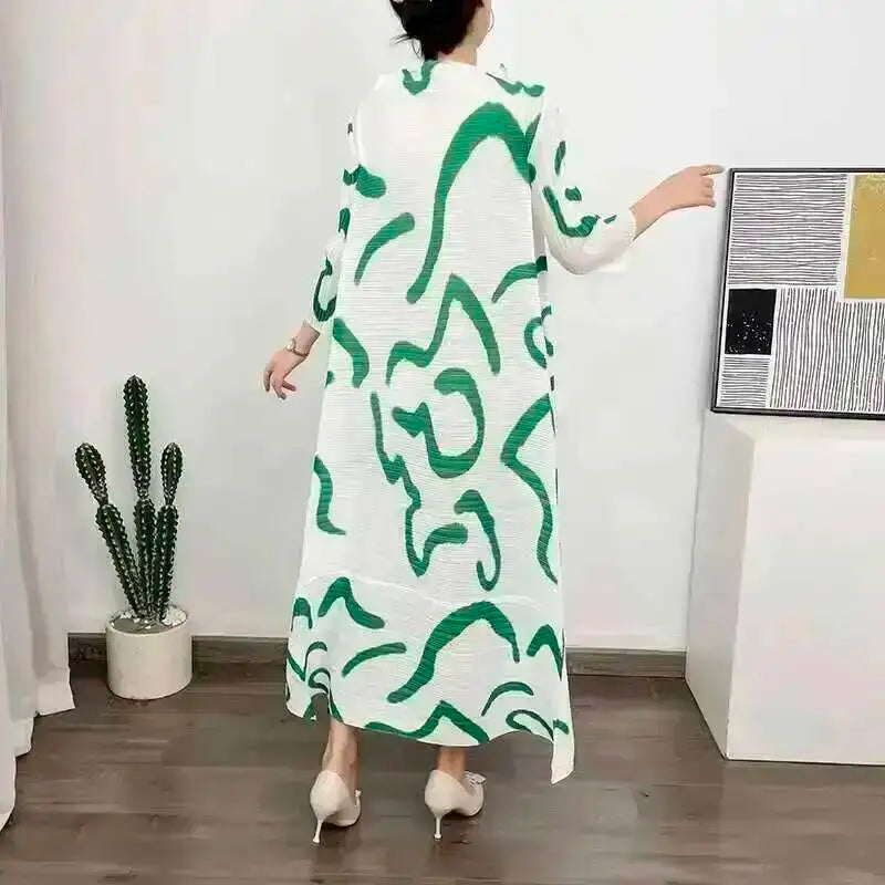 LANMREM Color Block Pleated Dress Women Loose Style Long Length Fashion Dresses Festival Clothes 2024 Spring Summer New 2DA1028