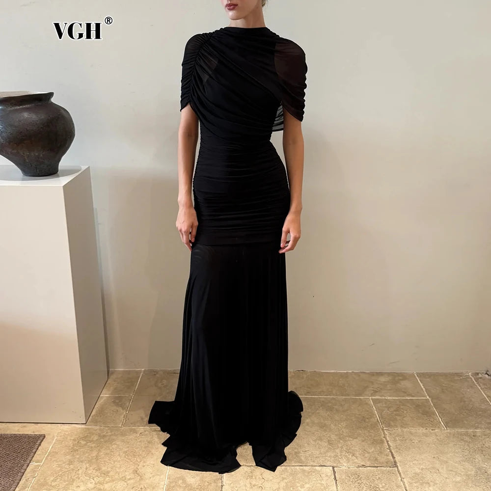 VGH Luxury Galas Event Black Sheer Mesh Ruched Maxi Dress for Women O Neck Short Sleeves Bodycon Silhouette Skirt for Red Carpet
