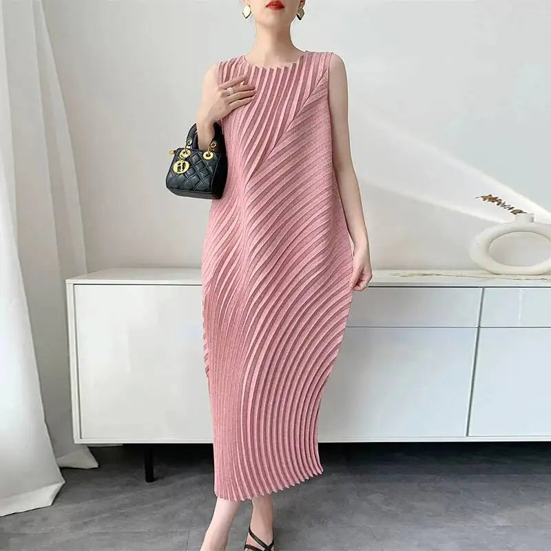 LANMREM Handmade Pleated Women's Sleeveless Summer Dress Wave Pattern Irregular Loose O-neck Mid-Length Pleated Dresses 2DB4814