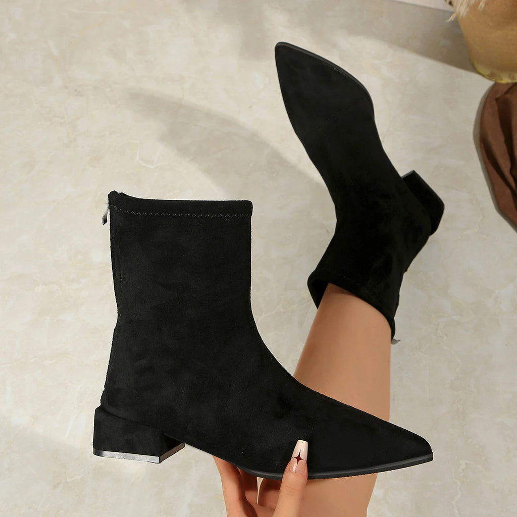 Winter Comfortable Square Heel Zipper Plus Size Work Boots Fashionable New Pointed Suede Sexy Casual Riding Boots for Women