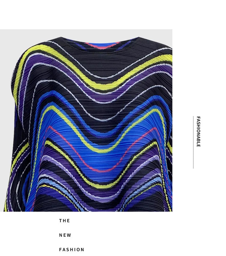 2025 Spring New Women's 2 Piece Set Miyake Pleated Top Fashion Stripe Age Reducing Suit Fashionable Matching Printed Half Skirt