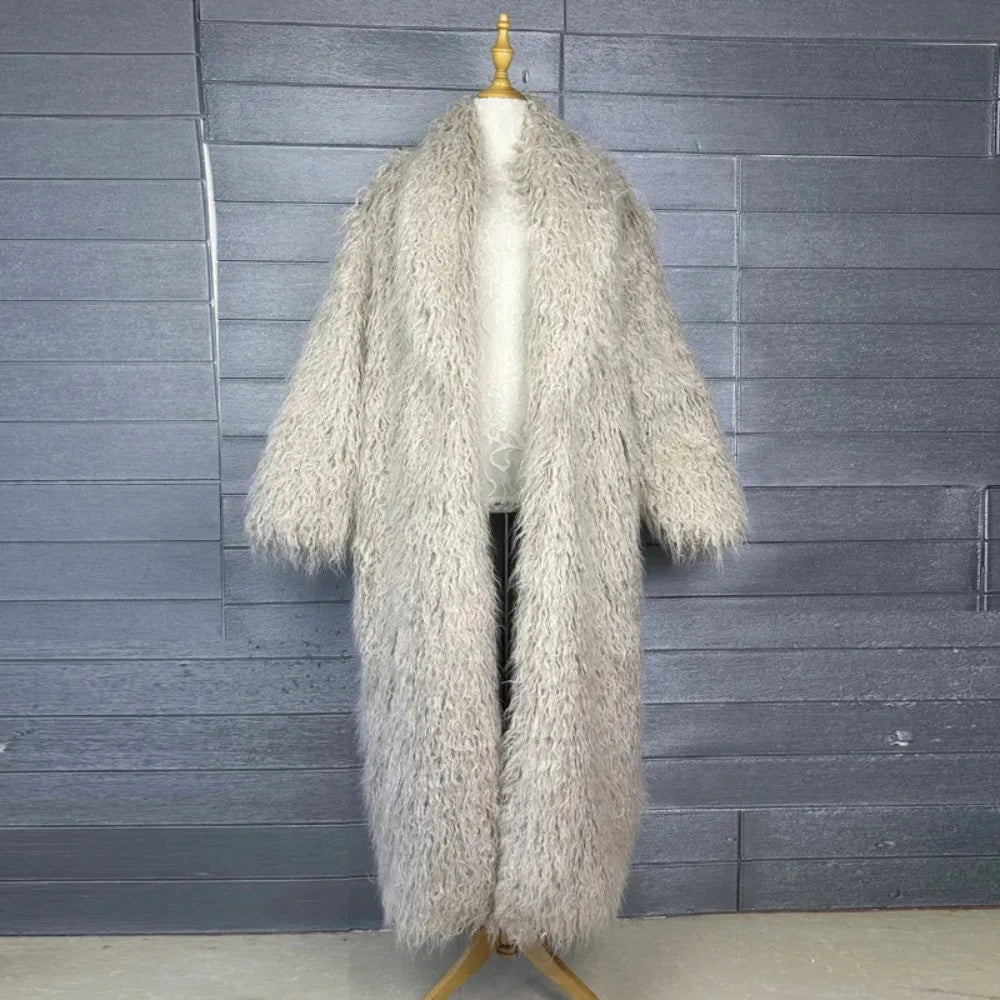 Veste en fausse fourrure femme, manteau long épais et duveteux pour l'hiver, shaggy, ouvert, col rabattu, streetwear