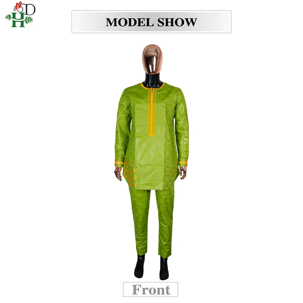 Men's Traditional Agbada 2PCS Green Bazin Riche Shirt and Pant
