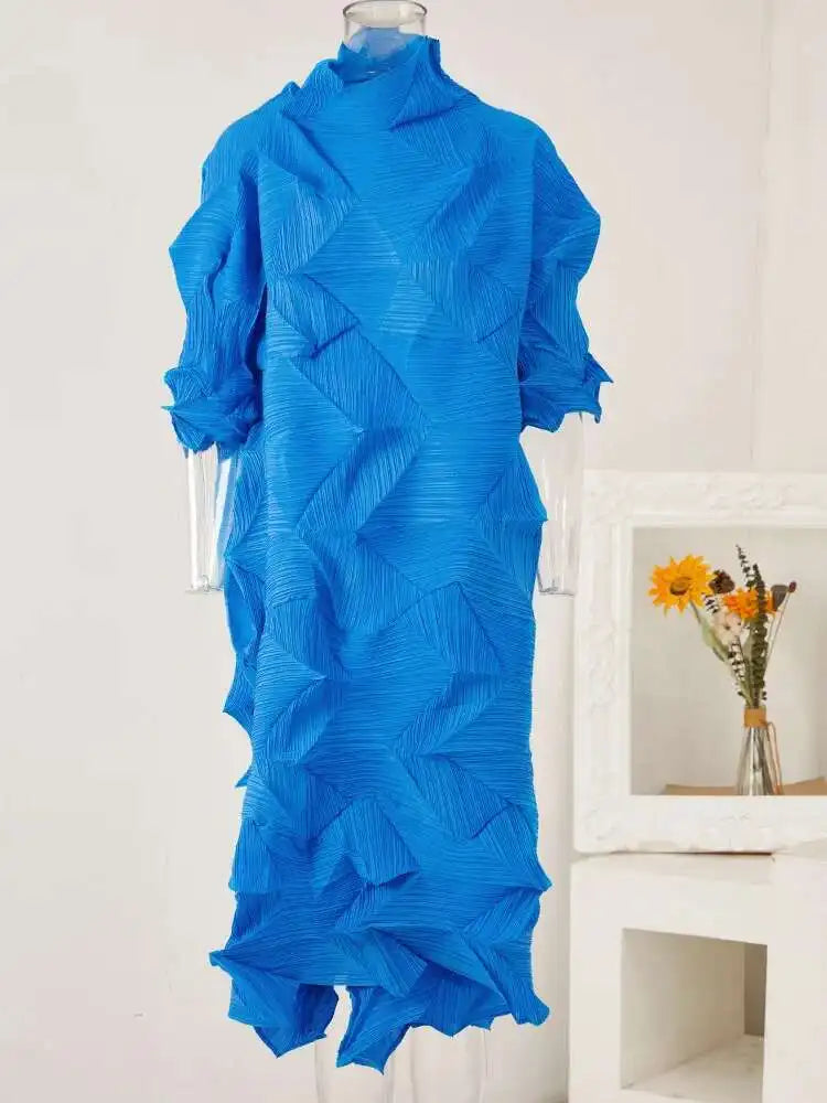 Women's Pleated Turtleneck A-Line Maxi Dress | Vintage Loose Fold Petal Sleeve | Spring 2025 | AvantBah