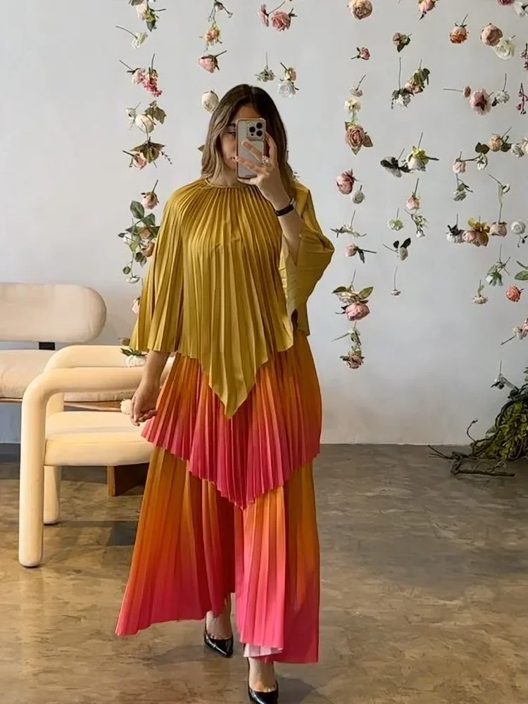 Women's Gradient Pleated Two-Piece Set | Irregular Top & High-Waist A-Line Skirt | Plus Size | AvantBah