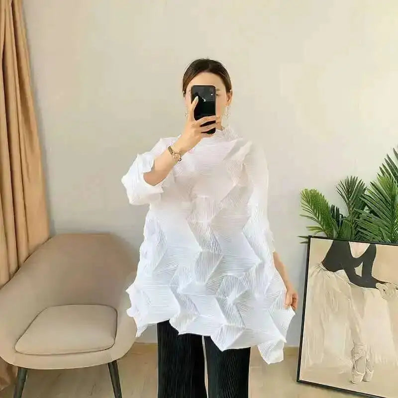 Women's Pleated Stand Collar Top | Loose Solid Colour Chic T-Shirt | Spring Summer 2026 | AvantBah