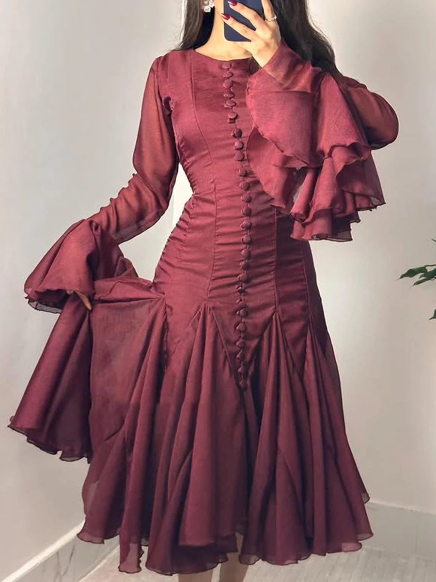 VGH Patchwork Irregular Hem Midi Dress for Women Round Neck Ruffles Sleeve High Waist Temperament Elegant Prom Dresses Female