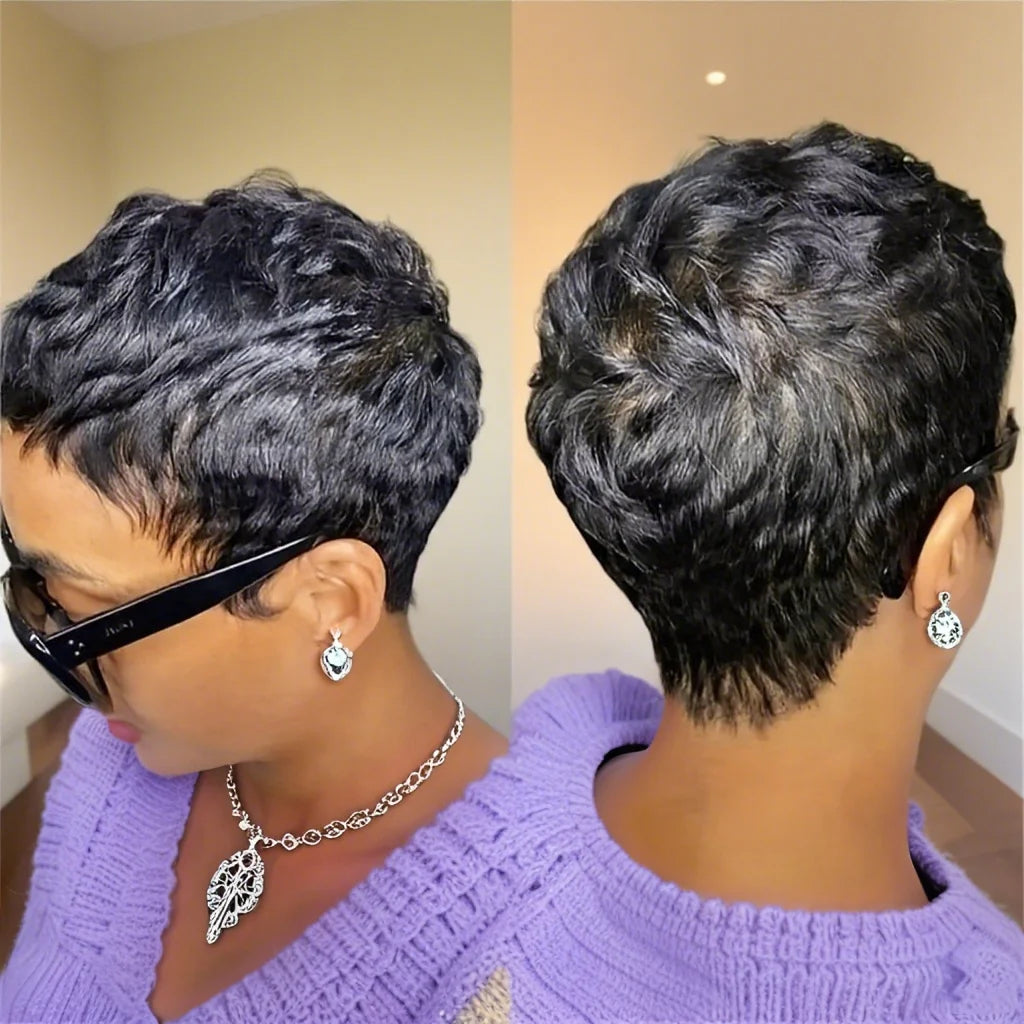 Short Pixie Cut Human Hair Wig with Bangs – 180% Density