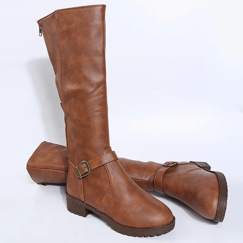 Women Knee High Boots Platform Long Boots Low Heels Round Toe Shoes New Zip Brown High Boot Vintage Pu Leather Women Boots 2025