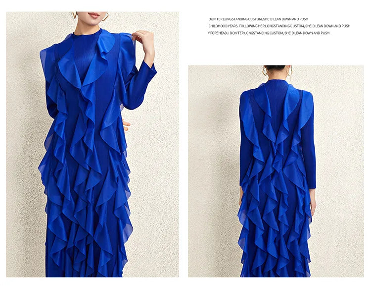 Miyake Style Pleated Dress for Women 2025 Solid Color Round Neck Long Sleeve Loose Large Size Ruffled Irregular Long Skirt