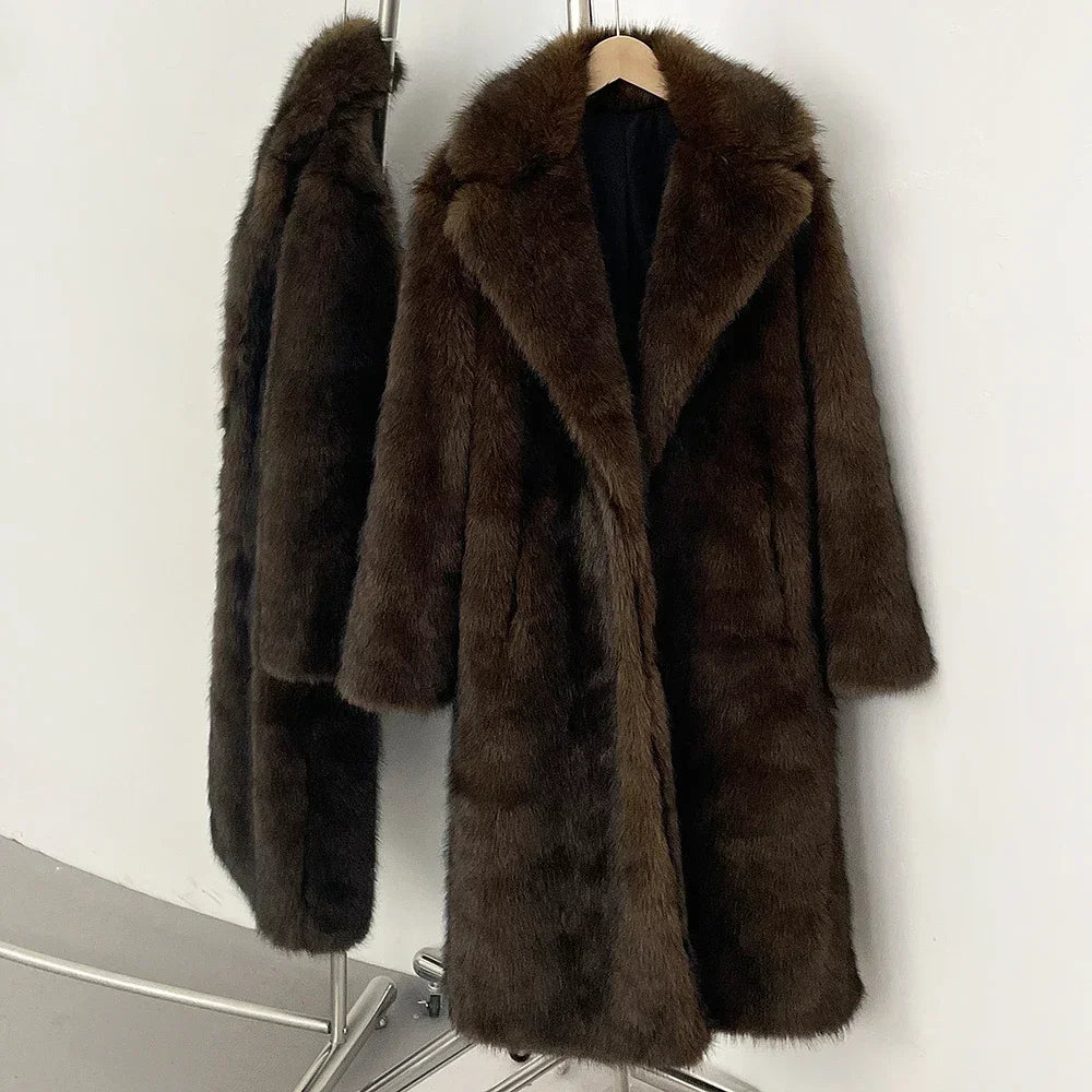 Women’s Long Faux-Fur Coat with Covered Buttons