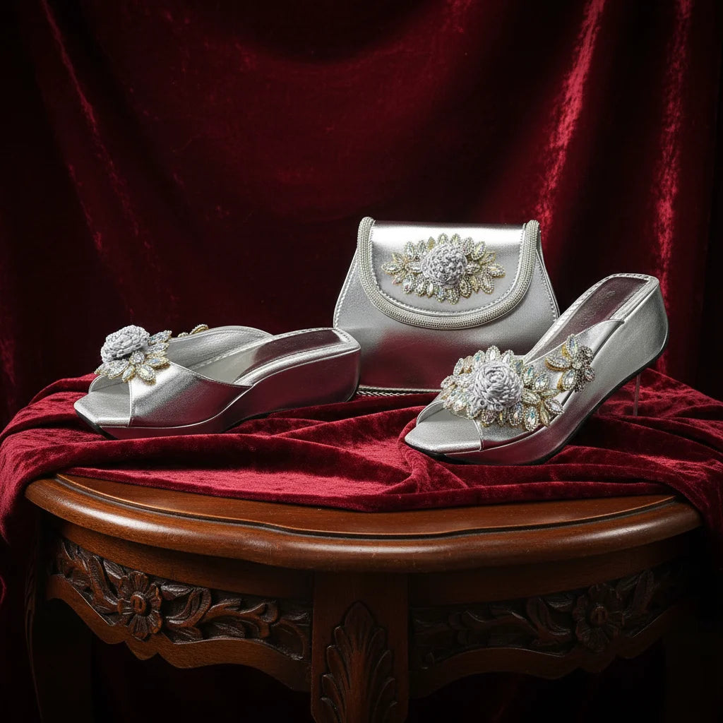 Newest Italian Design Special Synthetic Fabrics Women's Wedge heel Matching Shoe and Bag Set High Heel for Weddings and Parties