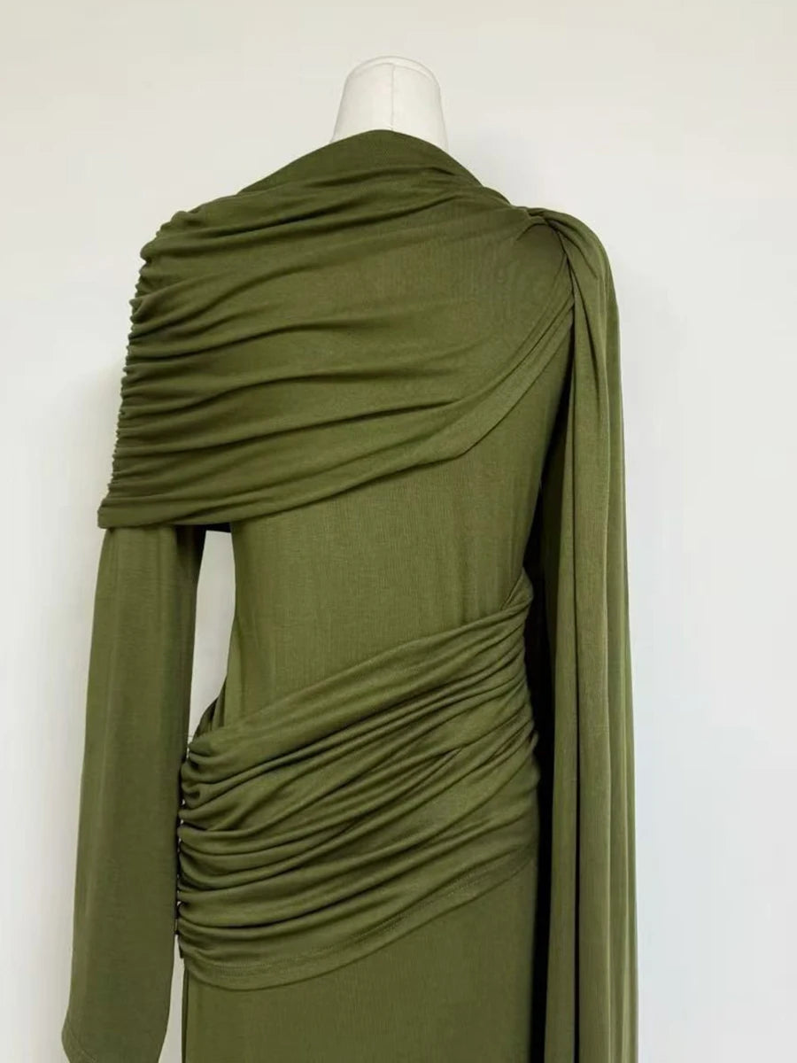 VGH Wedding Guests Green Shawl Mermaid Maxi Dress for Round Neck Flared Long Sleeve Draped Bodycon Skirt for Galas Red Carpet