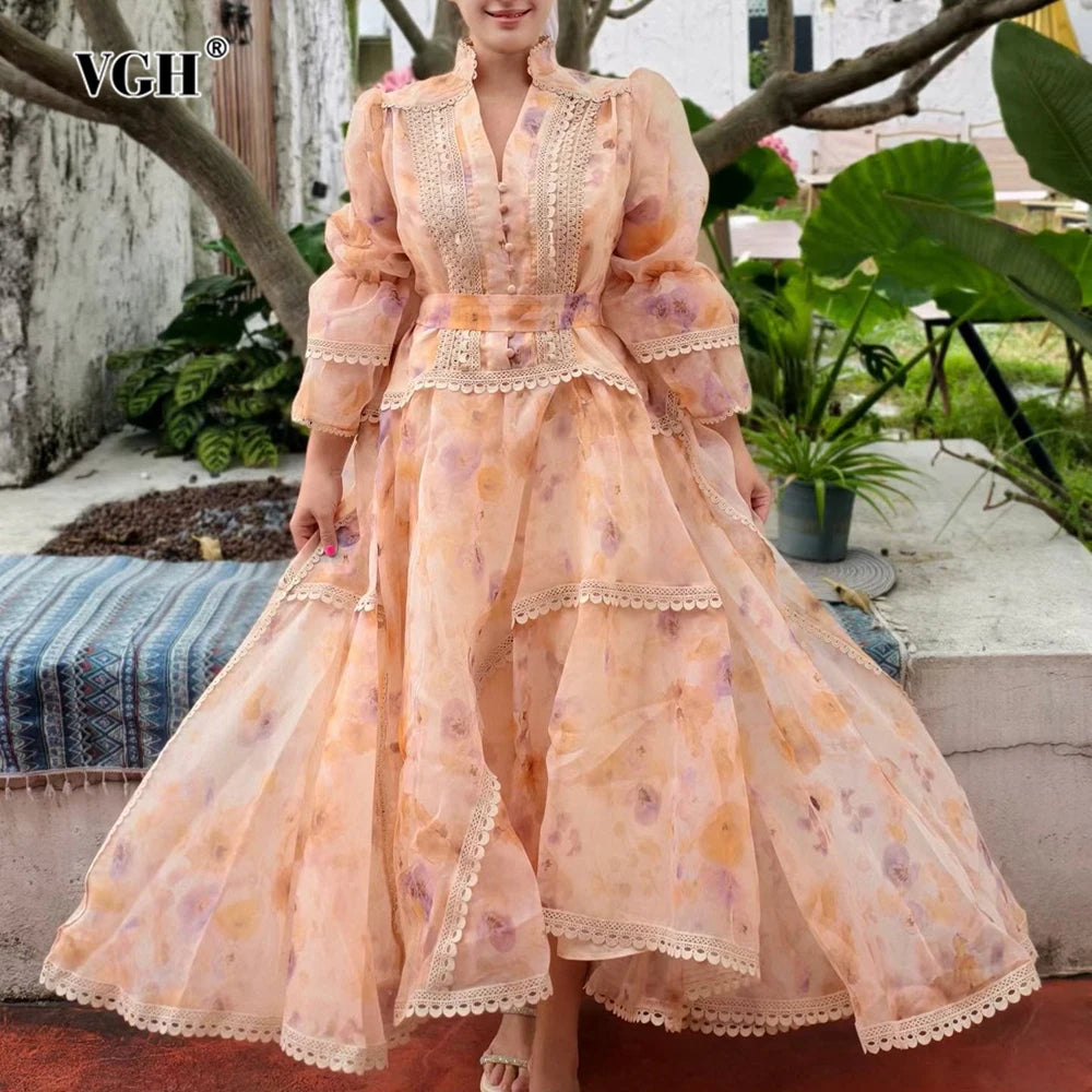VGH Spring Colorblock Printing Dress for Women Stand Collar Puff Sleeves High Waist Elegant Birthday Party Long Dresses Female