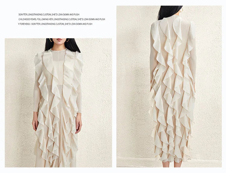 Miyake Style Pleated Dress for Women 2025 Solid Color Round Neck Long Sleeve Loose Large Size Ruffled Irregular Long Skirt