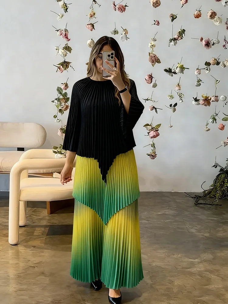 Women's Gradient Pleated Two-Piece Set | Irregular Top & High-Waist A-Line Skirt | Plus Size | AvantBah