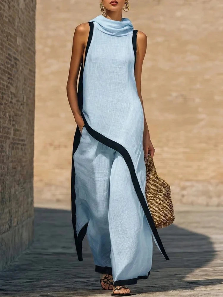 Women's Sleeveless Contrast Two-Piece Set & Wide-Leg Trousers